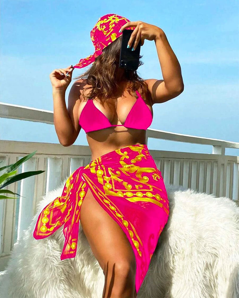 2023 new retro printed bikini swimsuit women's European and American mesh three-piece swimsuit split long skirt bikini