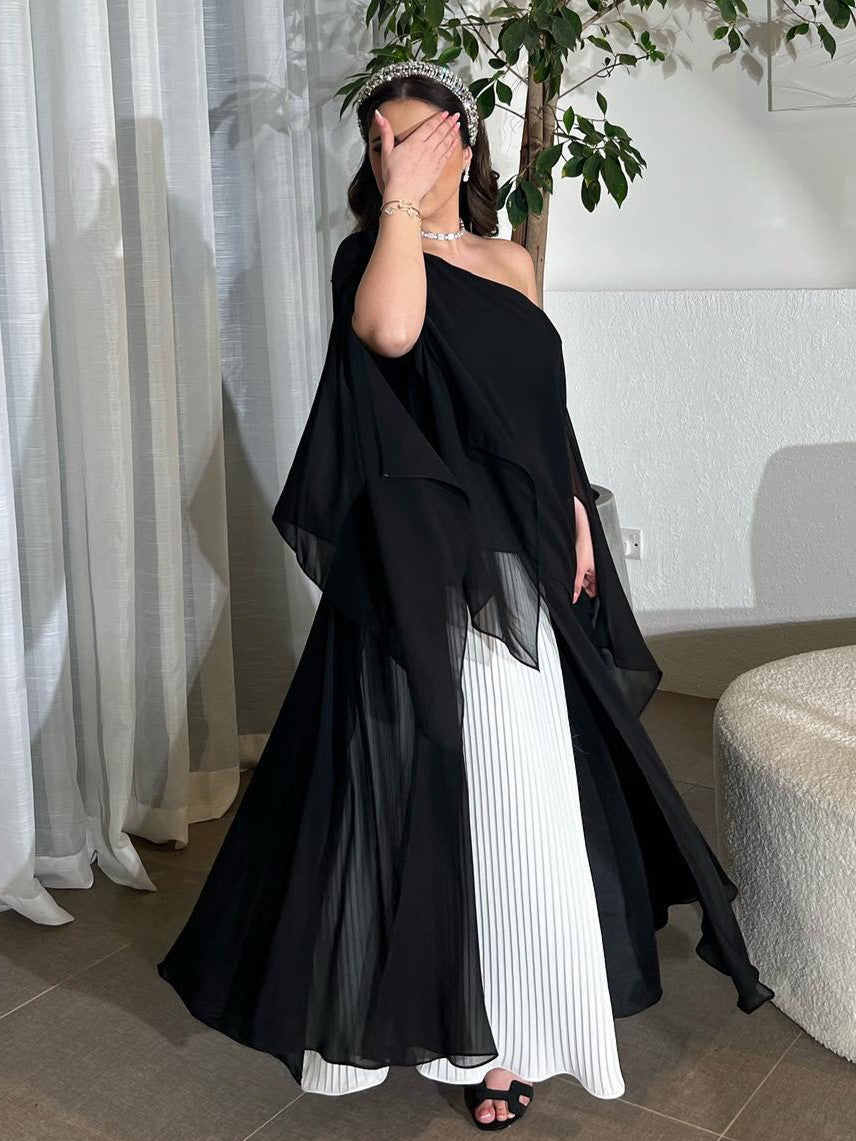 Black and white paneling elegant chiffon pleated dress