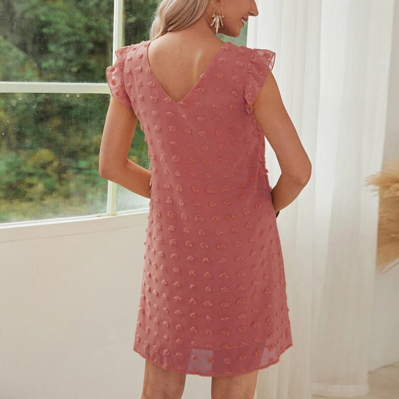 فساتين شيفون نسائية غير رسمية باللون الوردي أنيقة بياقة على شكل V بدون أكمام فستان بوهو قصير موضة فساتين الحفلات الصيفية النسائية 