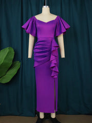 AOMEI Evening Bodycon Dress Women Purple Pleated Peplum Ruffled Robes V Neck Short Sleeve Side Slit Slim Fit Chic Maxi Vestidos