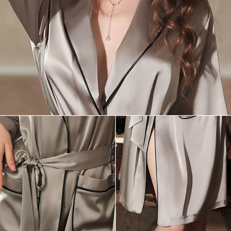 Satin Robe Women Bridal Wedding Bathrobe Gift  Pajamas Sexy Kimono Dress Long Lapel Bodywear with Pockets