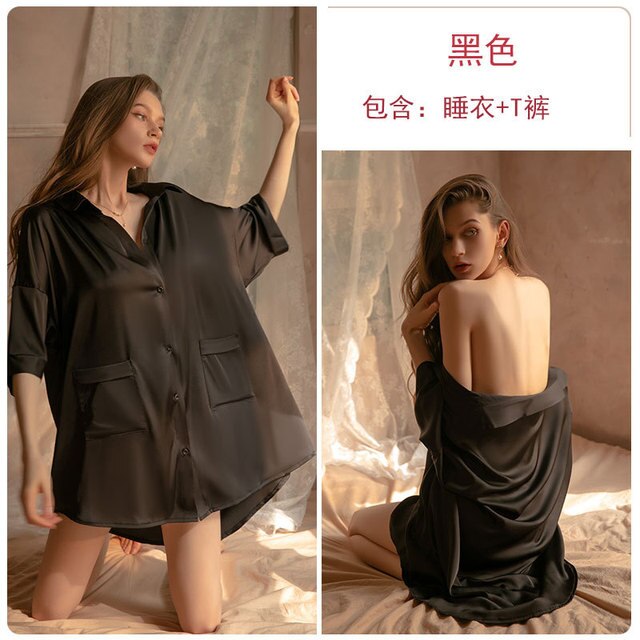 Boyfriend Style  Shirt Pajamas Women Sexy Sleepwear Deep V Nightdress Thong 2 Sets Satin Slip Nightgowns Femme Lingerie
