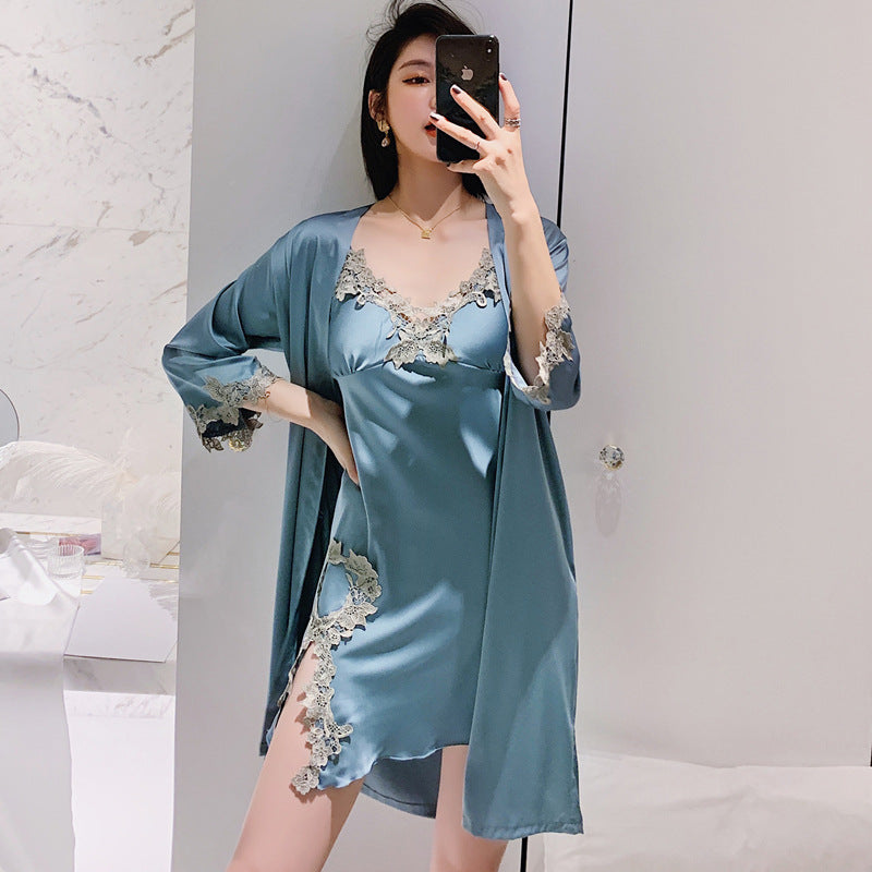2PCS Pajamas Set Womens Long Sleeve Nighty Robe V-Neck Sleep Wear Pijama Home Nightie Sexy Bathrobe Gown Suit vest with Chest Pad Silk Slip Nightdress
