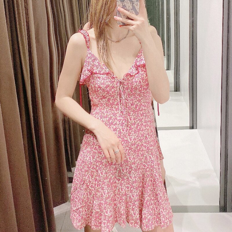 الأزهار المطبوعة بوهو نمط المرأة فستان قصير الخامس الرقبة السباغيتي حزام كشكش فستان الصيف عادية أكمام فساتين عارية الذراعين 