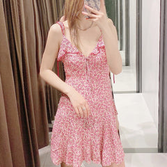 الأزهار المطبوعة بوهو نمط المرأة فستان قصير الخامس الرقبة السباغيتي حزام كشكش فستان الصيف عادية أكمام فساتين عارية الذراعين 