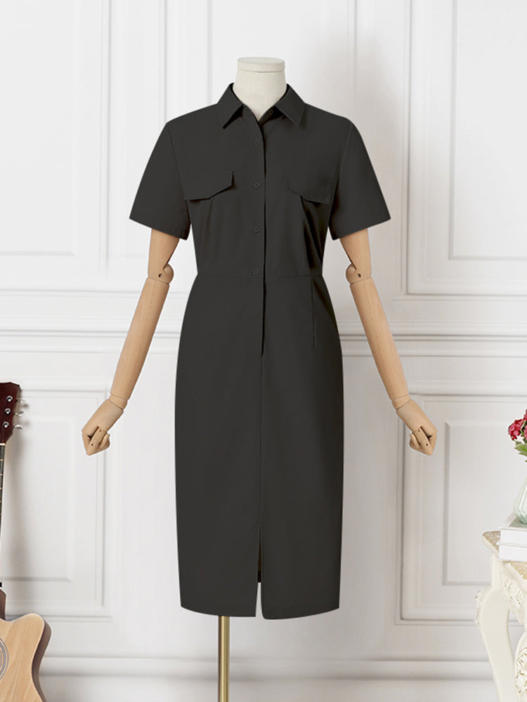 VONDA Elegant Solid Color Summer Sundress Fashion Women Lapel Buttons Casual Midi Dress Short Sleeve Party Vestidos Robe