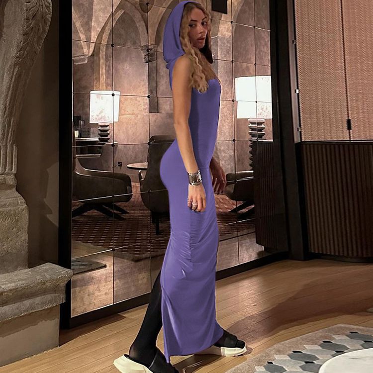 ملابس نسائية على الطراز الأوروبي والأمريكي موضة صيف 2023 فستان بدون أكمام بغطاء للرأس وفتحة خلفية جديدة لصيف 2023