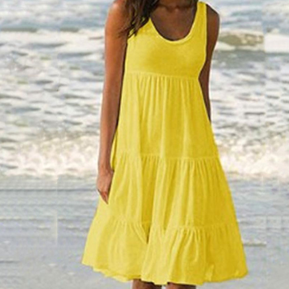 Womenl O Neck Sleeveless Ruffles Mini Dress Boho Solid Beach Sundress Oversized Loose Dress 2023 Summer