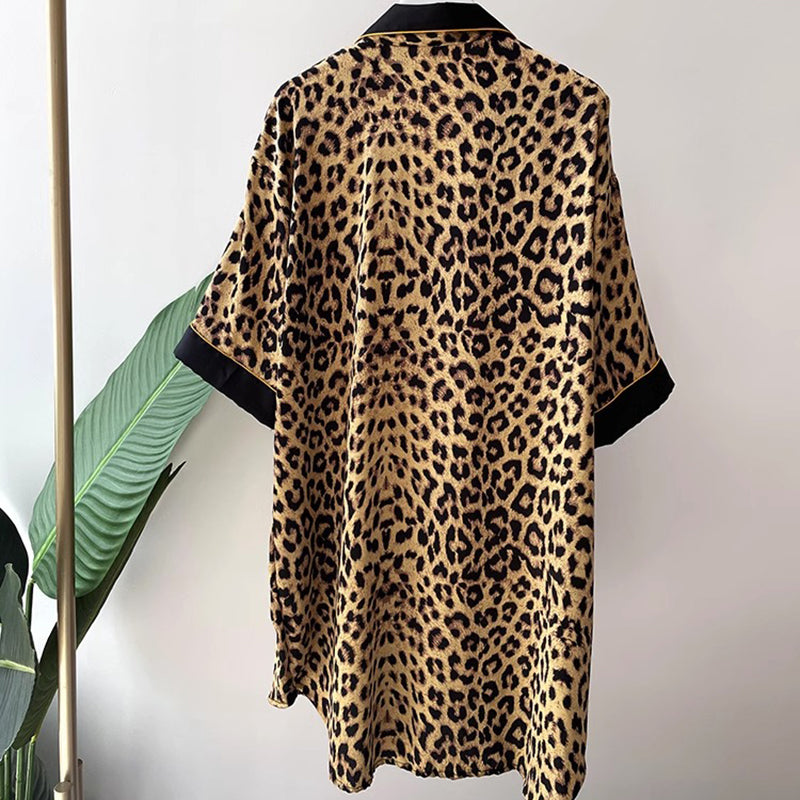 Women's Sexy Leopard Print Pajamas Shirt Collar Short Sleeve Homewear Simulated Silk Nightdress