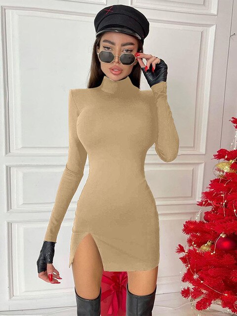 Women Spring Autumn Long Sleeve Bodycon Soild Color Black Slim Package Hip Mini Dress 2022 Female Clothing Streetwear