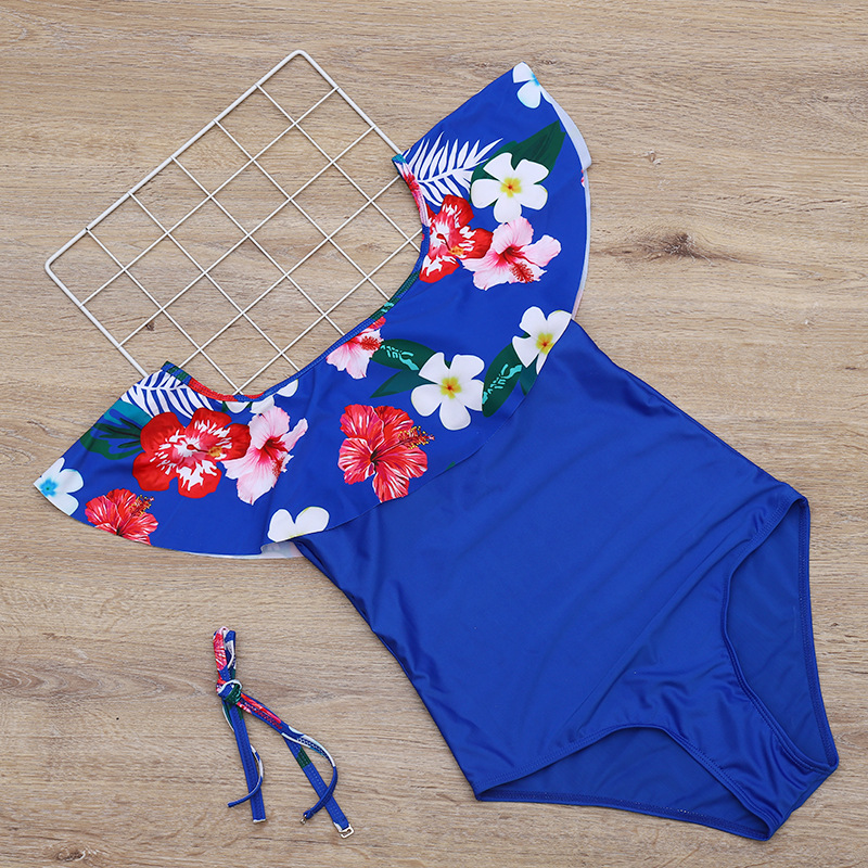 Plus size bikini swimsuit European and American big ruffles one-shoulder  print swimsuit