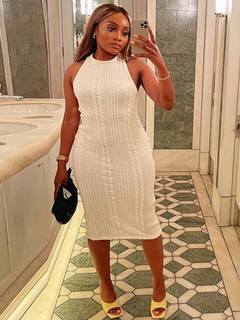 2022 بلا أكمام سترة ذات عنق دائرى Bodycon الكروشيه الصلبة فستان مثير الصيف النساء الشارع الشهير نادي الحفلات ملابس أنيقة Y2K 