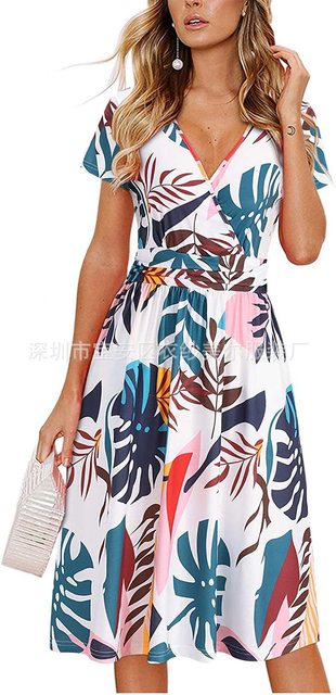 Women's Flower Print Boho Party Dress Summer V Neck Short Sleeve Mini Tank Top