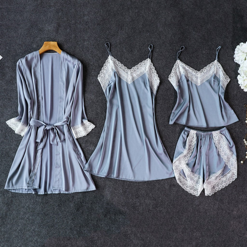 Pajamas Sexy Four-piece Suit Simulation Silk Suspender Nightgown with Chest Pad Ladies Can Wear Nightdress