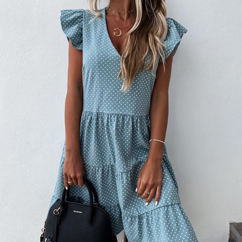 2022 المرأة الجديدة الصيف فستان الشمس عادية الكشكشة الأكمام الخامس الرقبة نقطة بوهو حفلة فيستيدوس ثوب أنيق موضة فيستدوس 