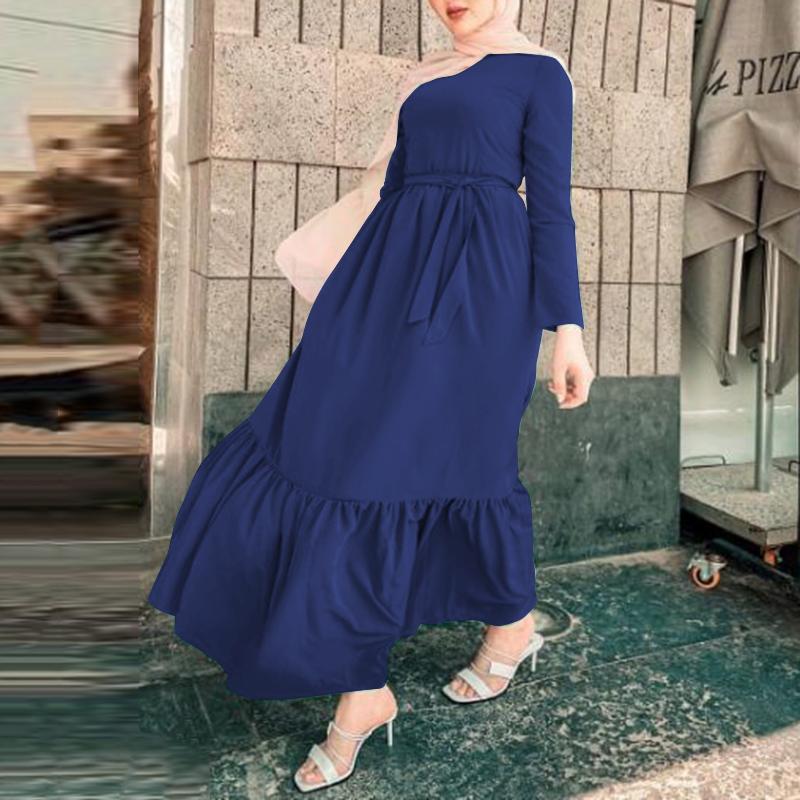 ZANZEA - Langes muslimisches Kleid mit Rüschensaum, lange Ärmel, einfarbig, Sommer, Dubai, Türkei, Abaya, Hijab, Plus Size