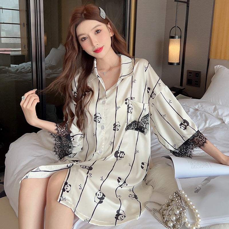 Ice Silk Shirt Dress Summer Thin Cardigan Lapel Print Short Sleeve Mid-Sleeve Nightdress