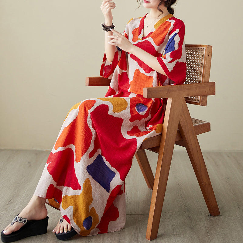 Women's Summer V-neck Thin Cotton Linen Dress Large Size  Literary Vacation Style Beach Skirt Retro Covering Meat Long Robe