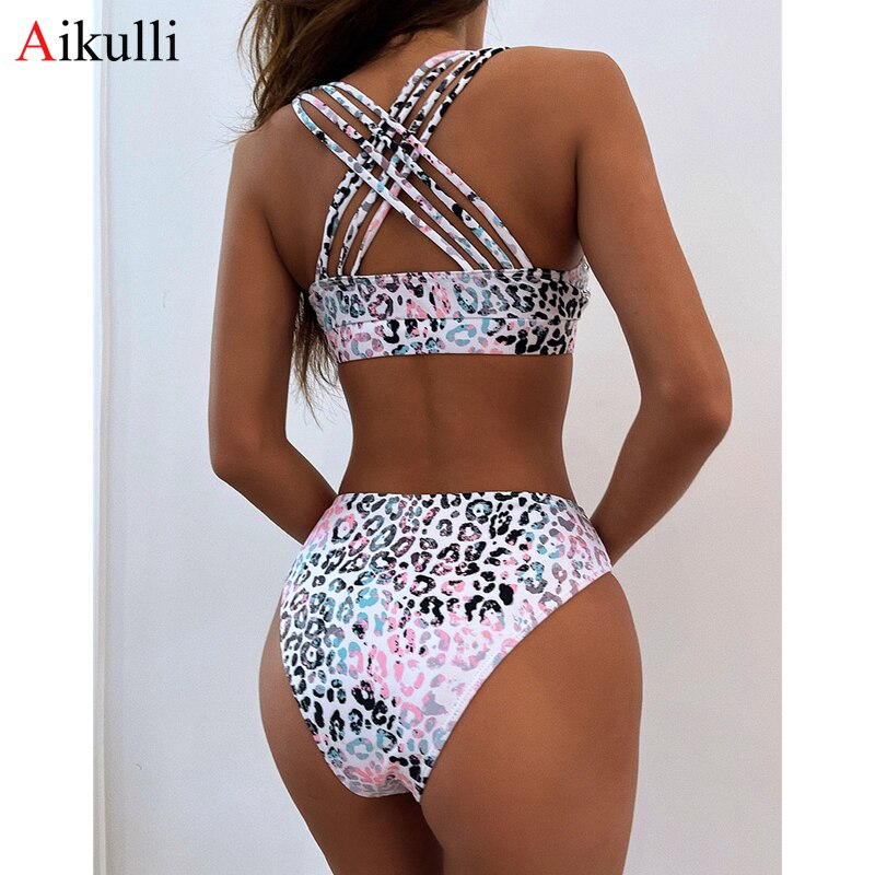 New  Waist Women's Leopard Swimsuits Push Up Bikinis Swimwear Cross Bandage Bathing Suit Swim 2021 Summer Female Bikinis Set