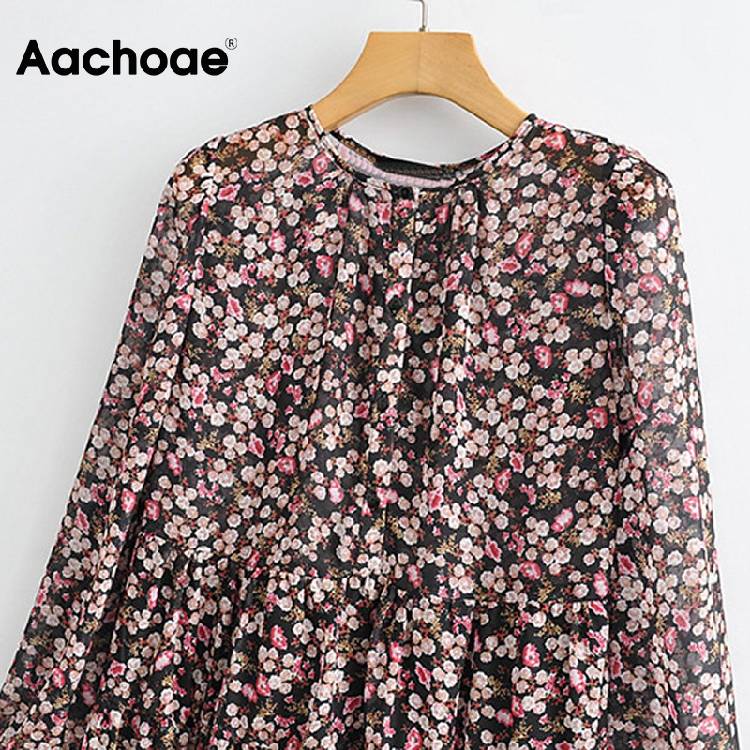 Aachoae Boho Style Floral Print Pleated Dress Long Sleeve Women Mini Dress O Neck Loose Ladies Dresses Beach Sundress Ropa Mujer