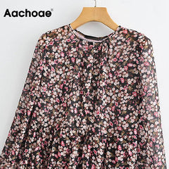 Aachoae Boho Style Floral Print Pleated Dress Long Sleeve Women Mini Dress O Neck Loose Ladies Dresses Beach Sundress Ropa Mujer