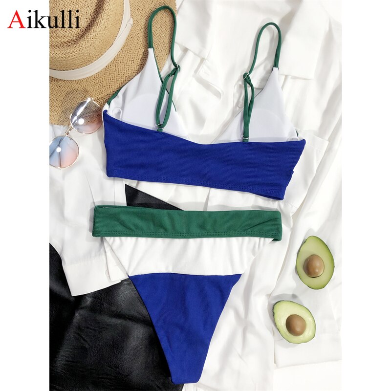 New  Waist Bikinis Swimsuits Women Stitching Two-Piece  Set Push Up Brazil Swimwear Female Summer Beach Bathing Suits