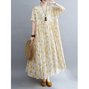 2023 جديد موري فتاة نمط رعوي صيف جديد أدبي وفني مقاس كبير سمين مم بالإضافة إلى الأسمدة وفستان قصير الأكمام مطبوع موسع