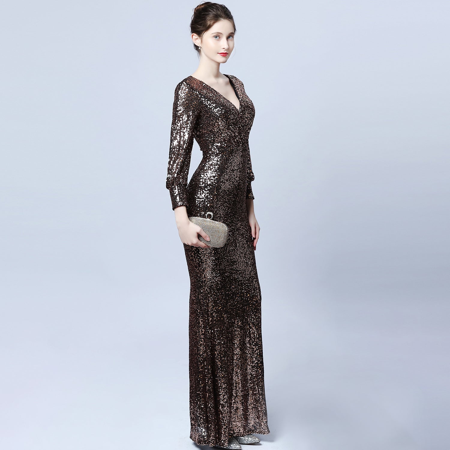 Ladies Fashion Sexy Slim Fit V-neck Sequined Long Sleeve Evening Dress