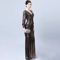 Ladies Fashion Sexy Slim Fit V-neck Sequined Long Sleeve Evening Dress
