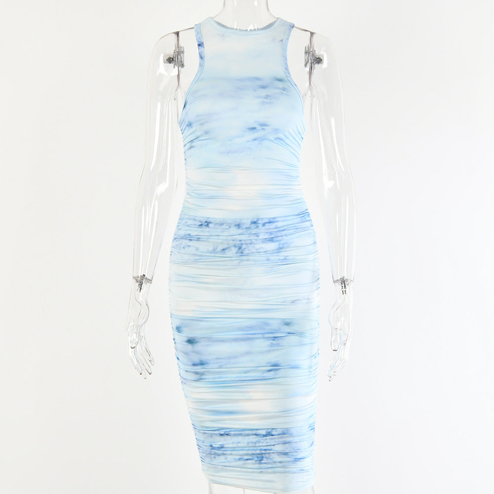 Printed Sexy Pleated Dress For Women Sleeveless O Neck Bodycon Midi Dress Spring Autumn Party Dress