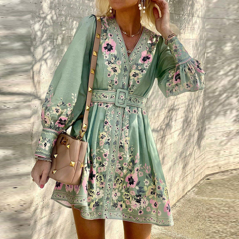 V-neck loose printed boho dress
