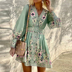 V-neck loose printed boho dress