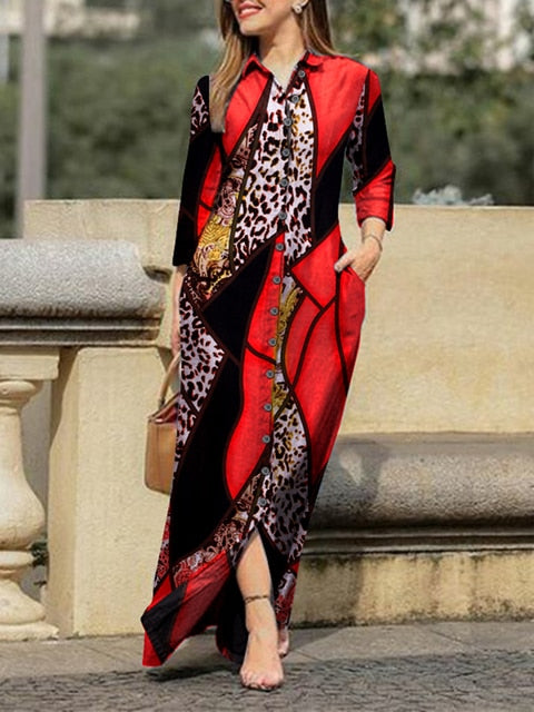 فستان قميص 2022 نسائي الخريف طية صدر السترة طباعة خمر فستان طويل فضفاض تانك الأعلى حفلة بوهو