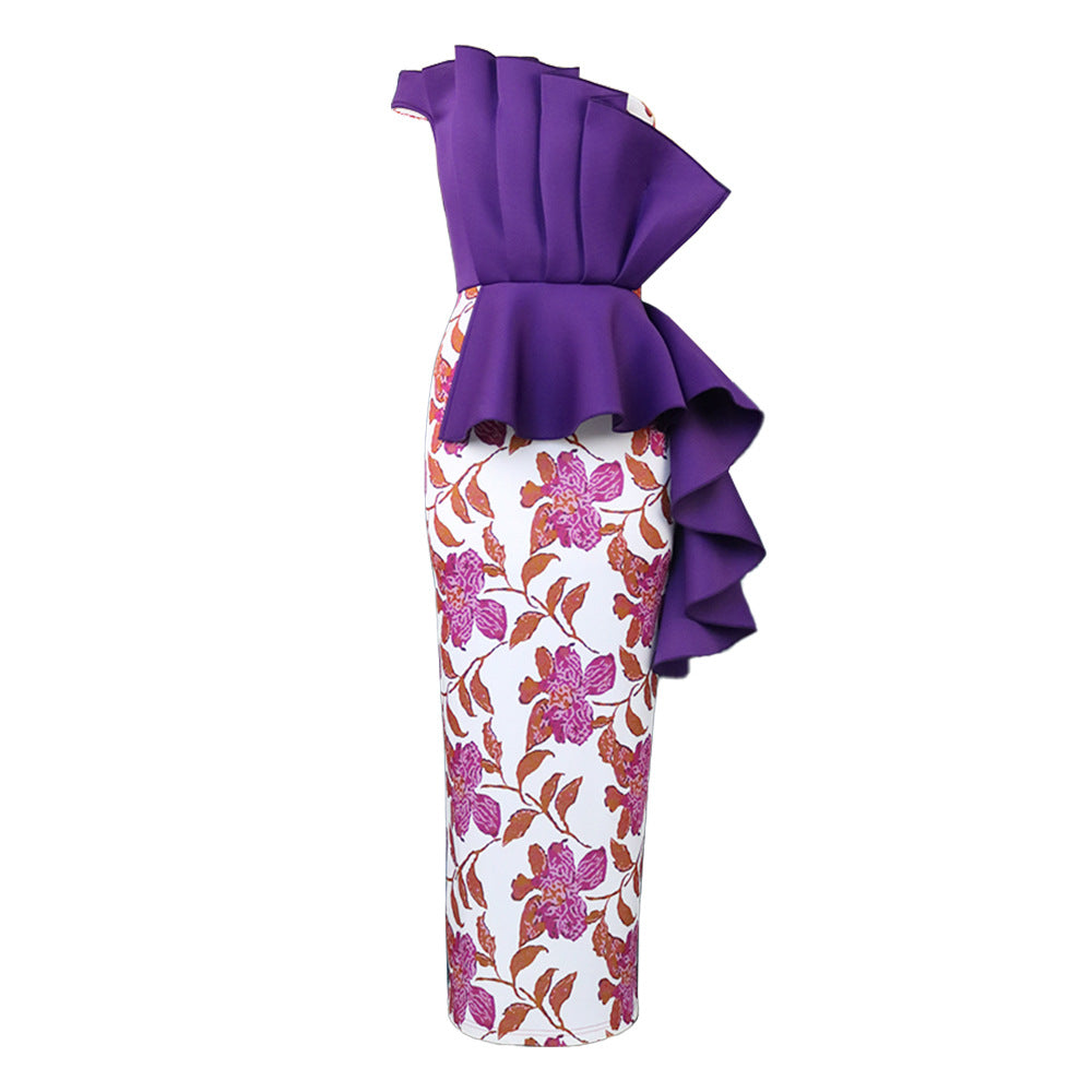 AOMEI Purple Dress Printed Patchwork One Shoulder Ruffles Bodycon Women Evening Birthday Party Event Gowns Large
