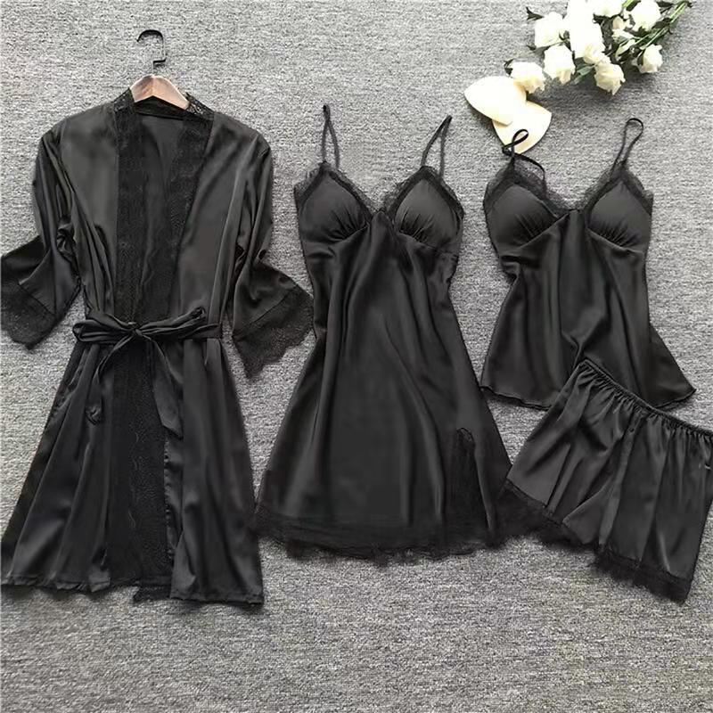 Large size four-piece set with chest pad sexy suspenders home lace pajamas