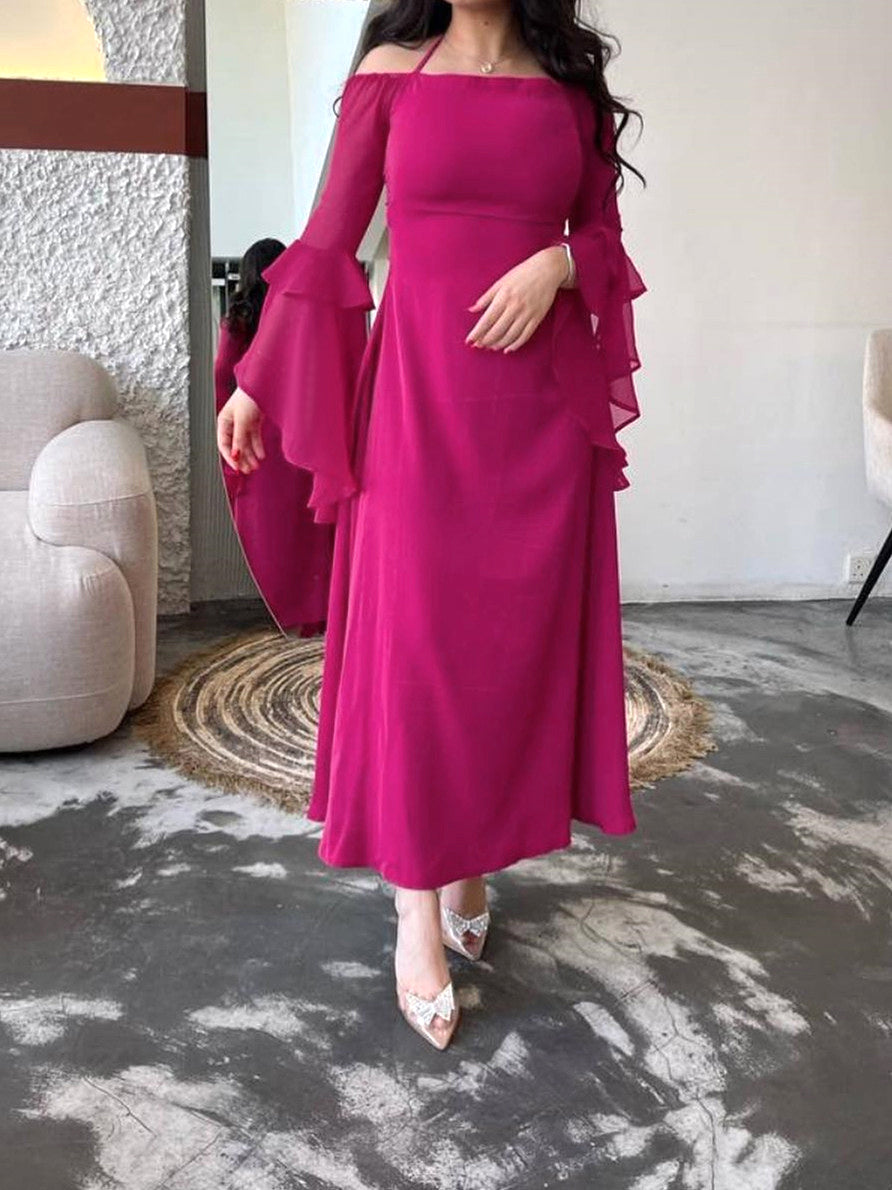 Rose Red Elegant Chiffon Ruffle Sleeve Dress With Strap