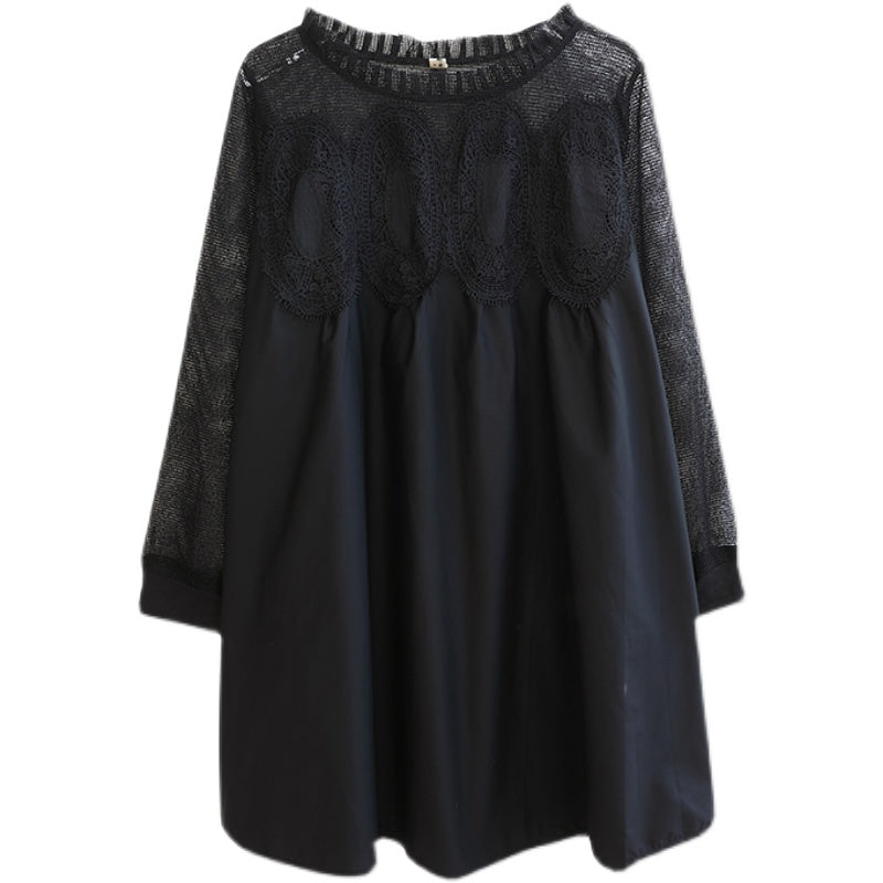 Large size women's lace mesh splicing  dress  and thin mid-length fat mm long-sleeved solid color dress