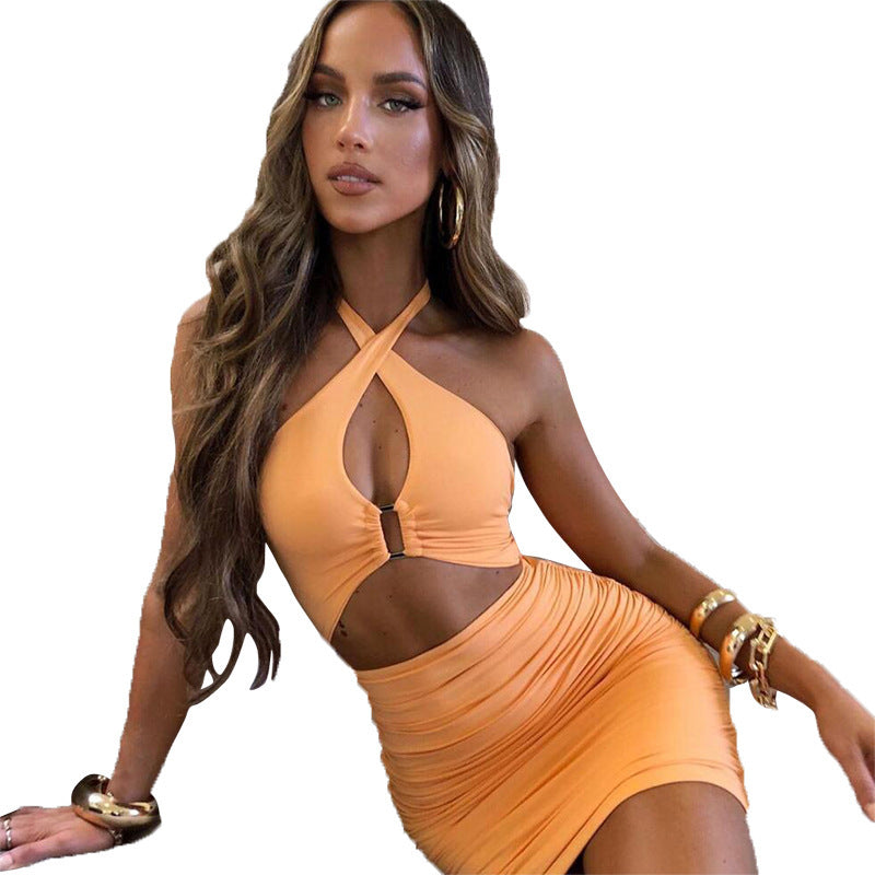 فستان قصير صيفي مثير موديل 2022 مع رسن متقاطع بدون ظهر للنساء فستان قصير مكشكش بلون واحد للحفلات والنوادي 