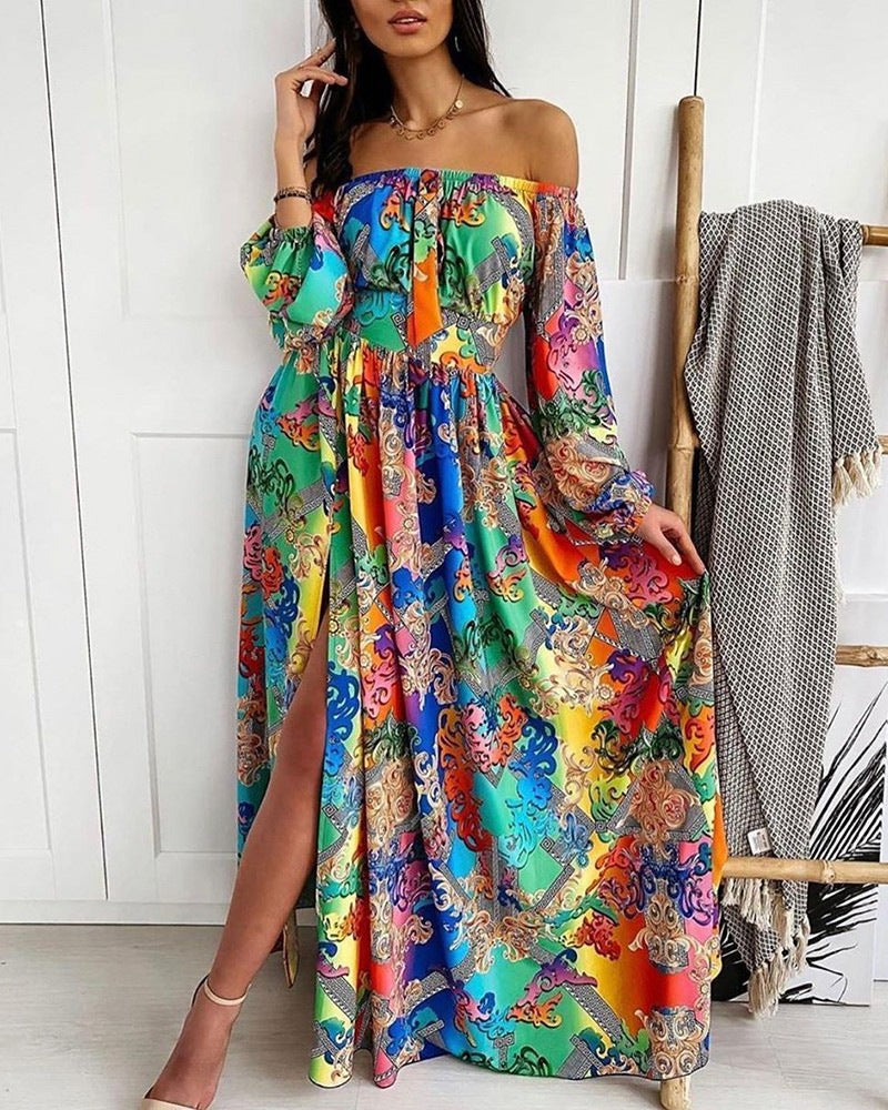 Evening dress European and American print dress V-neck pullover retro long-sleeved large swing dress