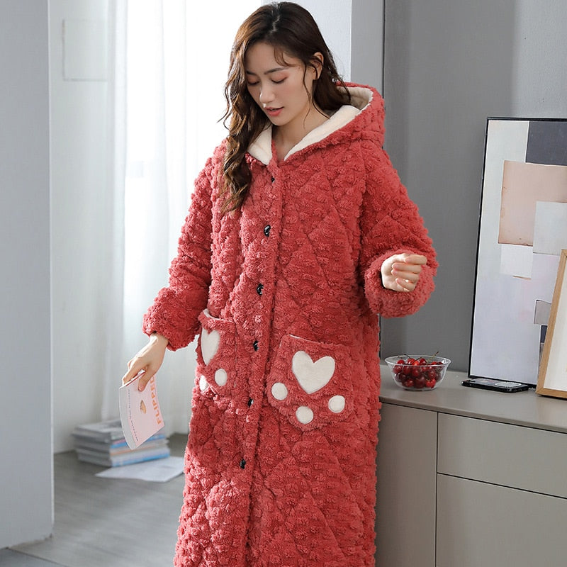 Women's bathrobe winter thickened flannel nightgown women's winter thickened pajamas cotton casual long robe set home service