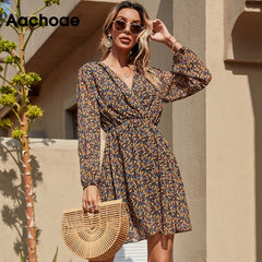 Aachoae Women Beach Style Summer Mini Dresses Boho V Neck Floral Print Chiffon Dress Ladies A Line Long Sleeve Vintage Dress