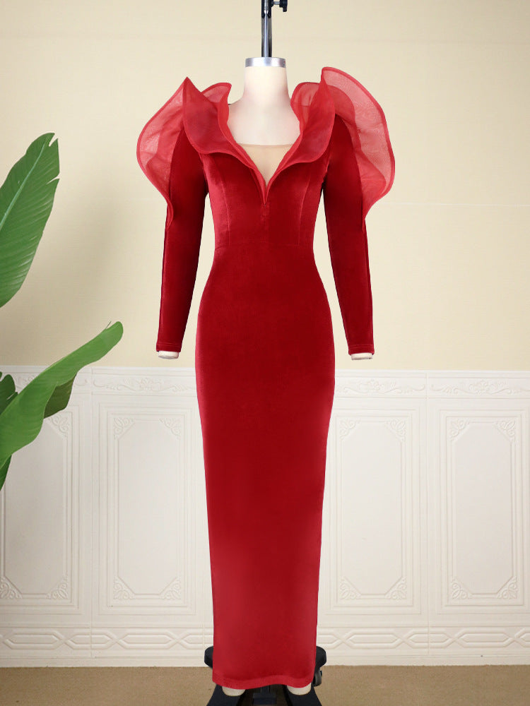 AOMEI Velvet Dress Women Red Christmas Evening Party Deep V Neck Ruffles Long Sleeve High Waist Bodycon Cocktail Event Gowns