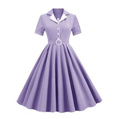 تنورة توفار ذات الياقة المدببة بإبزيم وحزام كلاسيكي منقوش متوسط ​​الطول للسيدات بأكمام قصيرة 50s فستان فيروزي