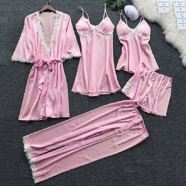 flower printing women Pajama Sets pajamas nightgown Silk sleepwear women's underwear robes babydolls set 5pcs pajamas lingerie