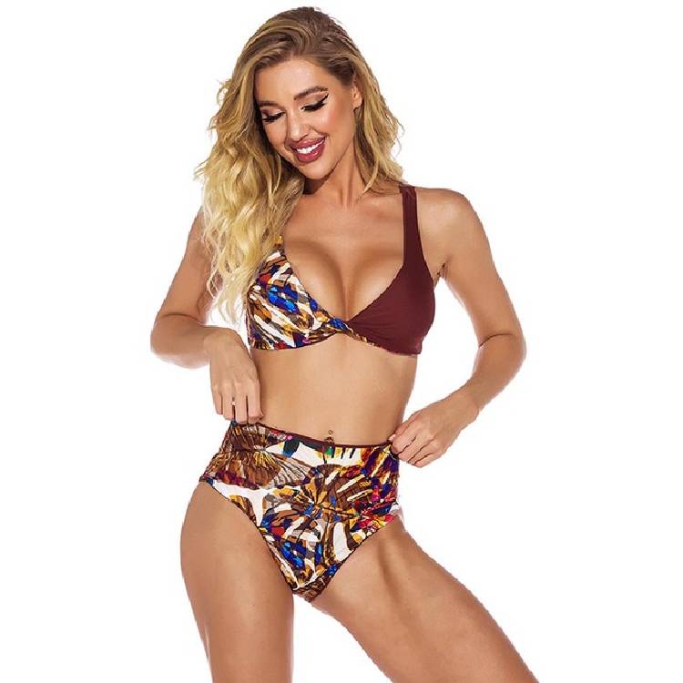 New Print V Neck Bikini Female Swimsuit Women Swimwear High Waist Bikini Set Bather Bathing Suit Swim Lady